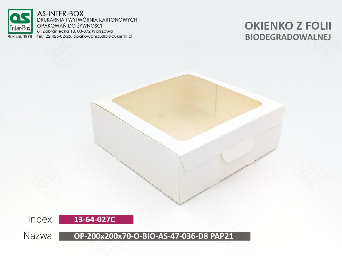 Opakowanie — 13-64-027C — OP-200/200/70-O-BIO-AS-47-036-D8 PAP21 — 200x200x70 mm